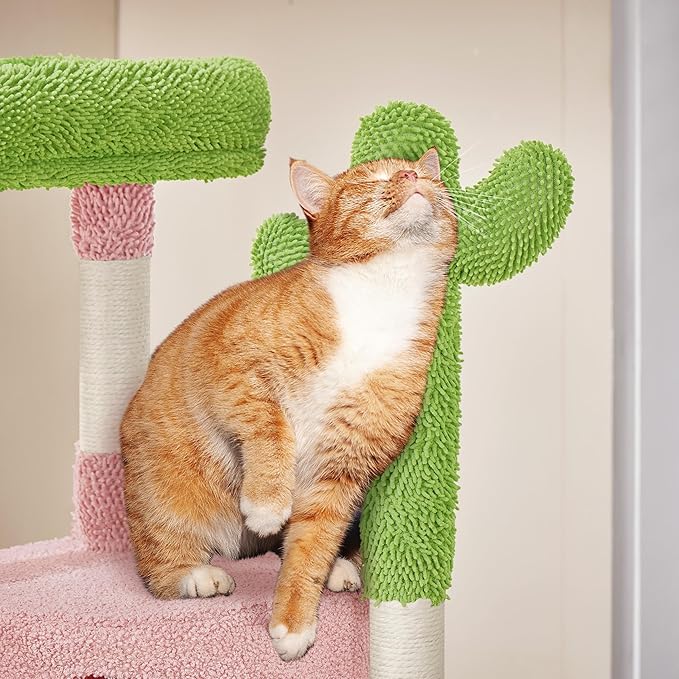 Yaheetech Cactus Cat Tree, 42in Cat Tower for Indoor Cats, Multi Level Kitten Condo Scratching Post, Pet Activity Center Furniture w/Ball, Plush Perch, Platform, Basket, Pink/Green