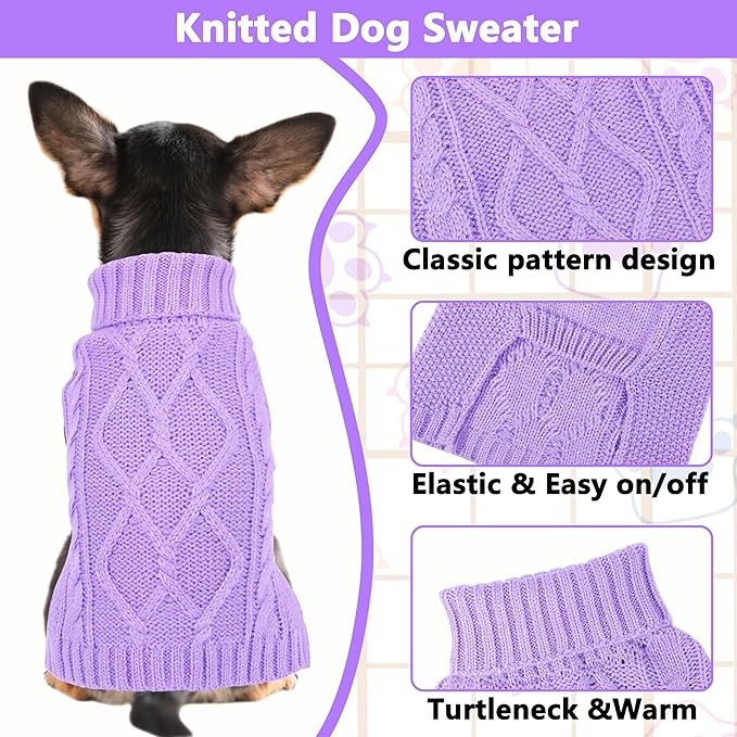 Dog Sweaters for Small Dogs Winter Dog Clothes Turtleneck Puppy Sweater Warm Pet Clothes Knitted Solid Cat Sweater Dogie Outfit XS~L(Purple,S)