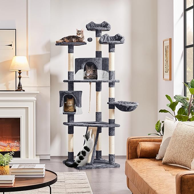 Yaheetech 79in Multi-Level Cat Trees Indoor Cat Tower with Sisal-Covered Scratching Posts, Plush Perches and Condo for Kittens, Cats and Pets - Dark Gray and White
