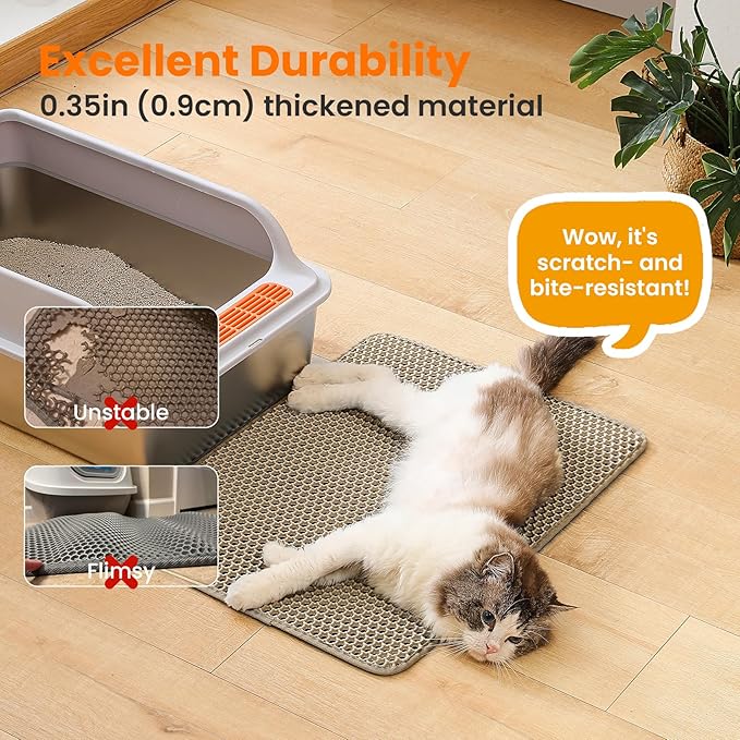 Cat Litter Mat, 24x18 Inches Large Double Layer Honeycomb Cat Litter Trapping Mat, Non Slip Waterproof Urine Proof Cat Litter Box Mat for Floor, Kitty Litter Rug, Cat Supplies, Beige
