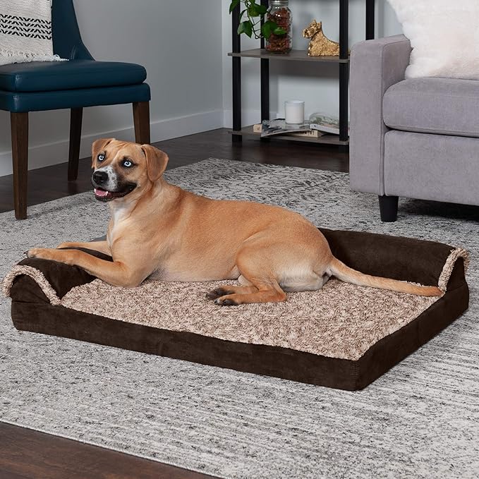 Furhaven Cooling Gel Dog Bed for Large/Medium Dogs w/ Removable Bolsters & Washable Cover, For Dogs Up to 55 lbs - Two-Tone Plush Faux Fur & Suede L Shaped Chaise - Espresso, Large