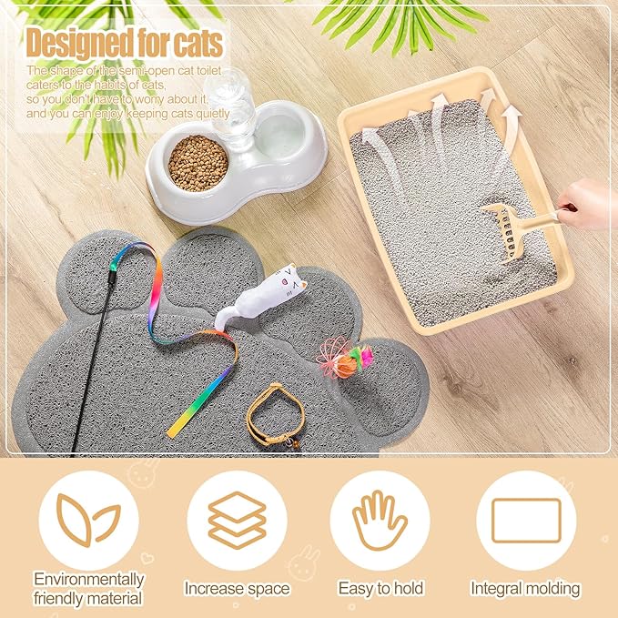 7 Pcs Small Cat Kitten Starter Kit Cat Litter Box with Shovel Paw Litter Mat Double Automatic Kitten Bowls Toy Teaser Stick Collar Essentials Kits for 1-3 Lbs Beginner(Simple,Khaki)