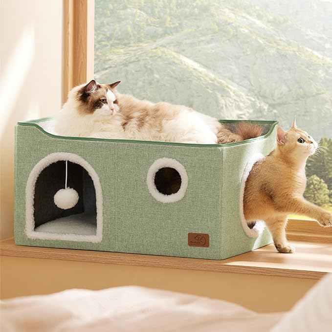 Bedsure Large Cat Beds for Indoor Cats - Extra Wide Cat Cube House for Small Pet with Fluffy Ball Hanging and Scratch Pad, Foldable Pet Cave Hideaway for Multiple Cats, 23.6x16.9x13 inches, Green