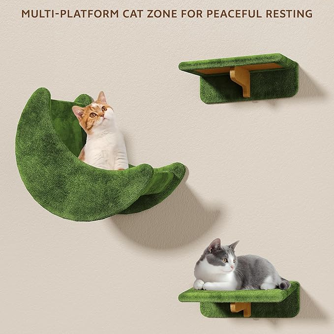 Cat Wall Shelves, Wall Mounted Pet Shelf Furniture w/Plush Fabric(20 Piece Set), 63''H Cat Tower w/Scratching Posts, Cats Furniture with 40''L Tunnel, Condos, House, Steps and Ladder, Green