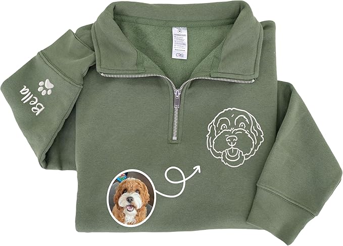 Chillever Custom Pet Embroidered Quarter Zip Sweatshirt, Dog Portrait Face Shirt, Pet Photo Shirt, Gifts For Pet Lovers