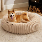 Bedsure ComfyFleece™ Donut Large Dog Bed - Washable Faux Fur with Corduroy Fleece & Anti Slip Bottom, Round Pet Bed with Removable Cover, Sandy Beige, 36x36x8 inches