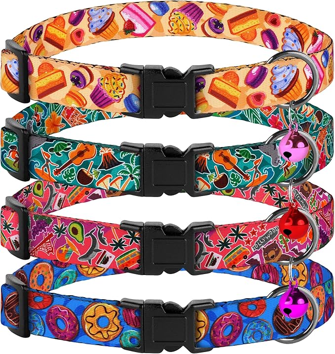 4PCS Breakaway Cat Collars with Bell - Cute Soft Adjustable Safety Kitten Collars 4-Pack - Nylon Pet Collars Nature Tribal Striped Floral Space Aztec Flowers Print (Travel & Cookies)