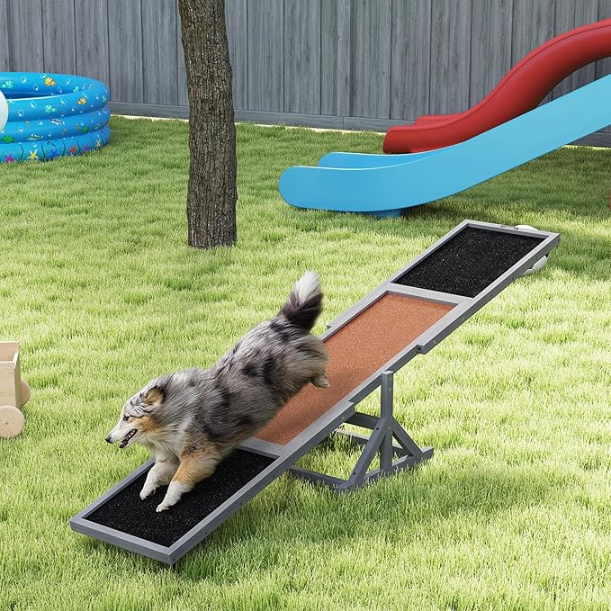 PawHut Wooden Dog Agility Seesaw for Training and Exercise, Platform Equipment Run Game Toy, Weather Resistant Pet Supplies, 83" L x 16" W x 14" H, Gray