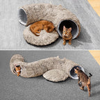 Cat Tunnel with Cat Bed for Indoor Cats, Soft Plush Peekaboo Cat Cave Donut Tunnel, Multifunctional Playground Toys Hideplace for Small Medium Large Kittens, Rabbit, Ferret, Brown