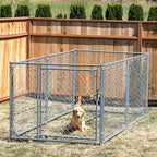 Lucky Dog Heavy Duty Outdoor Galvanized Chain Link Dog Kennel Enclosure with Latching Door, 1.5 Inch Raised Legs, and Adjustable Configuration, Silver