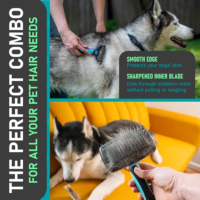 Maxpower Planet Dog Rake and Dog Hair Brush - Gently Removes Loose Undercoat, Mats and Tangled - Deshedding Grooming Tool for Dogs & Cats - Self Cleaning Slicker Brush - All Hair Types
