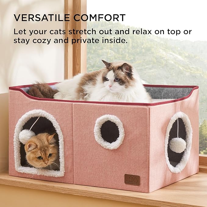 Bedsure Large Cat Beds for Indoor Cats - Extra Wide Cat Cube House for Small Pet with Fluffy Ball Hanging and Scratch Pad, Foldable Pet Cave Hideaway for Multiple Cats, 23.6x16.9x13 inches,Pink