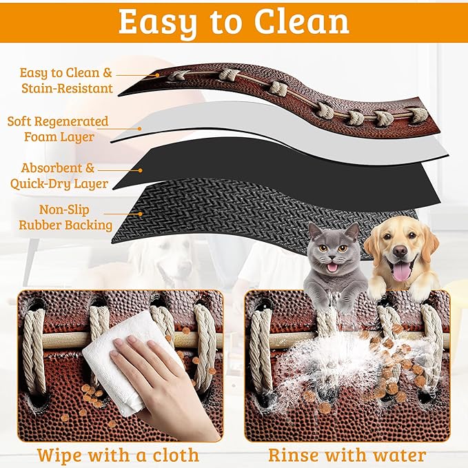 Football Texture Feeding Mat,Laces Stripes Absorbent Quick-Dry Cat Dog Food and Water Bowl Mats,Non-Slip Rubber Backing Mat,Cat Dog Accessories Supplies 12" x 20"