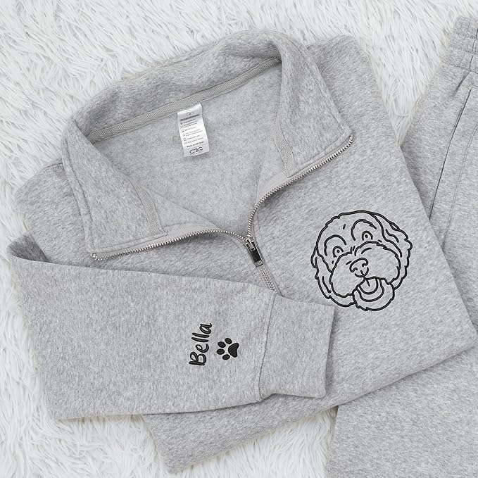 Chillever Custom Pet Embroidered Quarter Zip Sweatshirt, Dog Portrait Face Shirt, Pet Photo Shirt, Gifts For Pet Lovers